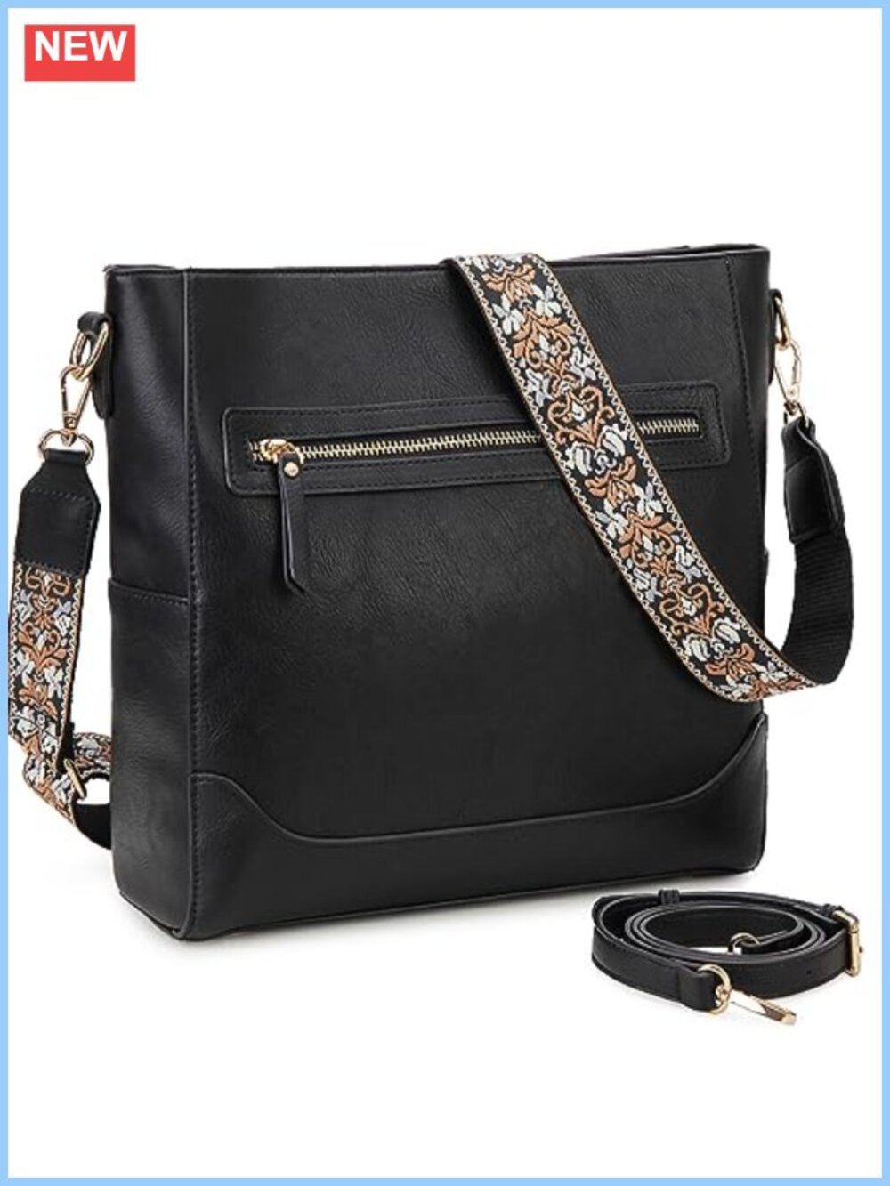 Vegan Leather Crossbody Bucket Bag with 2 Adjustable Straps